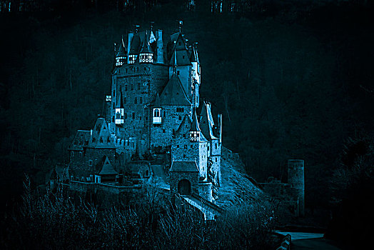 城堡,神秘,蓝色,夜光