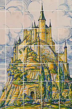 现代,瓷砖,绘画,城堡,塞戈维亚,塞戈维亚省,西班牙