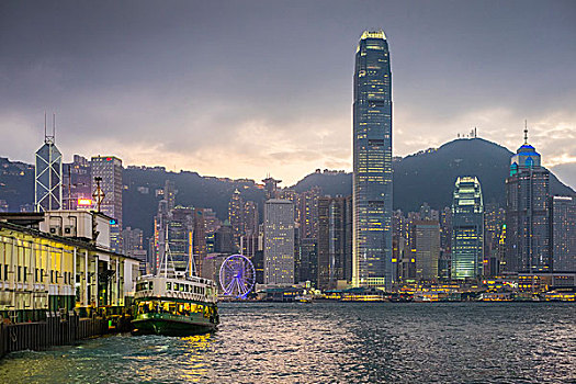 香港,天际线,星,渡轮,码头,黄昏,尖沙嘴,九龙,中国,亚洲