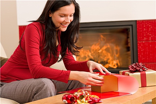 圣诞节,包裹,礼物,高兴,女人,家,壁炉