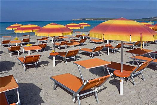 折叠躺椅,遮阳伞,海滩,萨丁尼亚,南方,海岸,意大利,欧洲