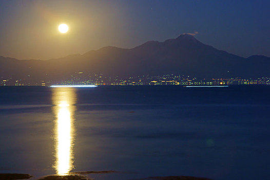 夜景,满月,海滩,熊本,日本