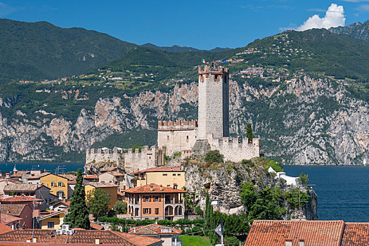 风景,马尔切斯内,14世纪,城堡,坐,边缘,漂亮,加尔达湖,意大利,欧洲
