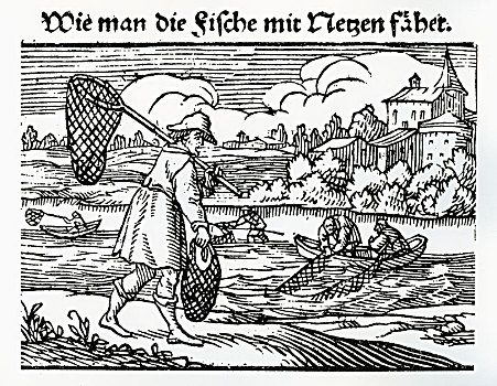 渔民,渔网,木刻,16世纪