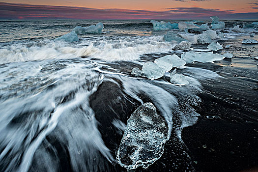 冰块,黑色,海滩,海洋,日落,杰古沙龙湖,结冰,泻湖,瓦特纳冰川,冰河,东方,区域,冰岛,欧洲