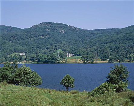 绿色,山,湖,苏格兰
