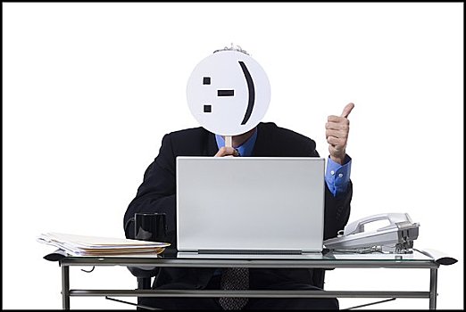 商务人士,侧面,高兴,面具,笔记本电脑