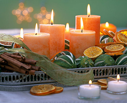橙色,蜡烛,柑橘,肉桂棒,托盘
