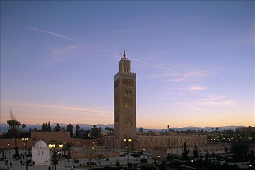 摩洛哥,玛拉喀什,全球,风景,库图比亚清真寺,黄昏