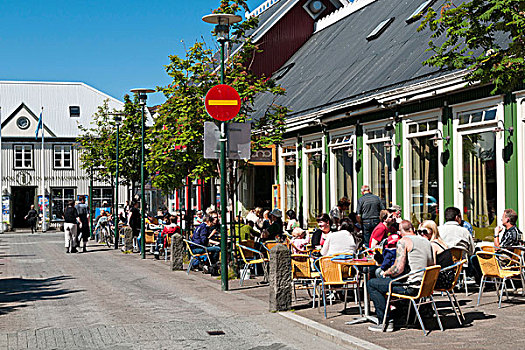 人行道,咖啡,桌子,椅子,旅游,信息,后面,历史,城镇,中心,雷克雅未克,冰岛,欧洲