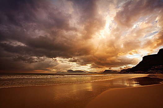 日落,上方,多云,海滩,南非