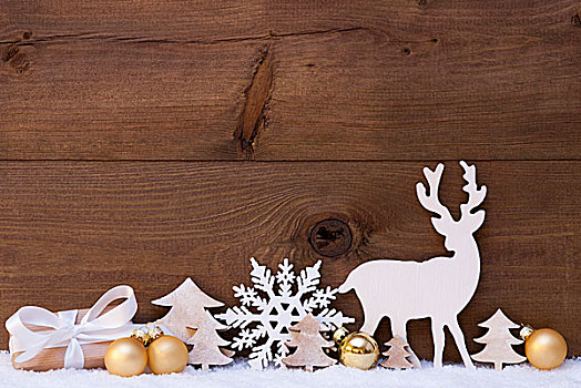 金色,圣诞装饰,雪,树,驯鹿,礼物