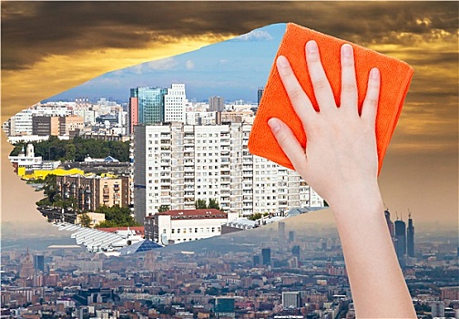 手,烟雾,城市,橙色,布