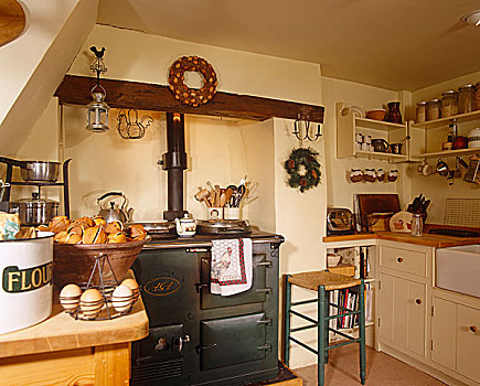 乡村风格,厨房,绿色,壁炉