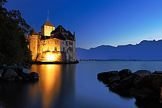 城堡,湖,日内瓦,夜晚,蒙特勒,瑞士,欧洲