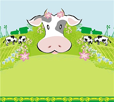 母牛,放牧,草地,抽象,有趣,插画