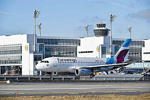 空中客车,a320,后面,塔,慕尼黑,机场,上巴伐利亚,德国,欧洲