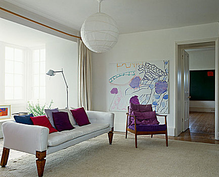 彩色,大,绘画,苍鹭,反射,紫色,椅子,垫子,客厅