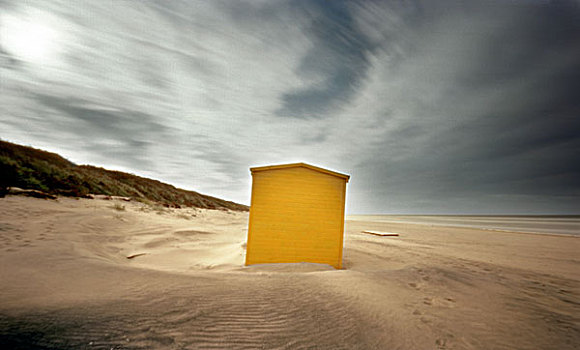 黄色,小屋,多云,天空,沙,沙丘,针孔,立陶宛,波罗的海,2006年