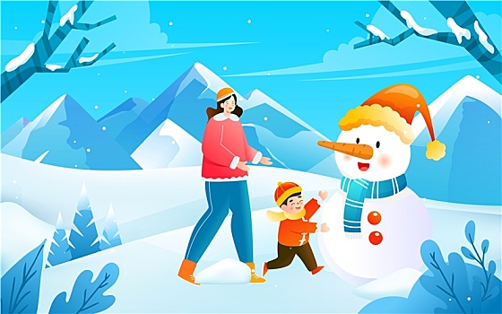 冬季大雪节气一家人户外堆雪人活动矢量插画