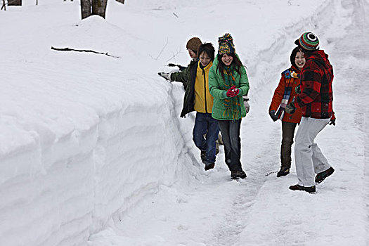 年轻人,走,雪路