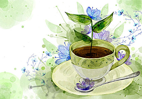 咖啡杯,勺子,植物,背景
