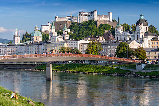风景,桥,上方,萨尔察赫河,河,霍亨萨尔斯堡城堡,城堡,高处,萨尔茨堡,老城,奥地利