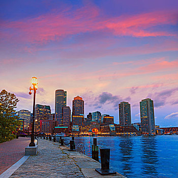 波士顿,日落,天际线,狂热,码头,马萨诸塞,美国