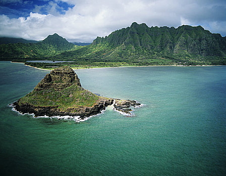 夏威夷,向风,瓦胡岛,卡内奥赫湾,俯视,岛屿,斗笠岛,柯欧劳山,山峦,海洋