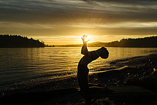 女人,实践,瑜珈,湖,日落
