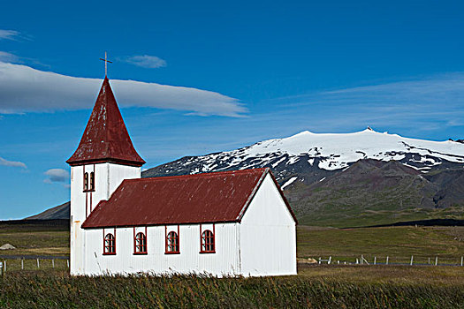 冰岛,西部,韦斯特兰德,斯奈山半岛,历史,渔村,乡野,教堂,正面,冰河
