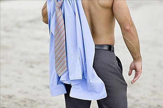 一个,男人,站立,海滩,衬衫,领带