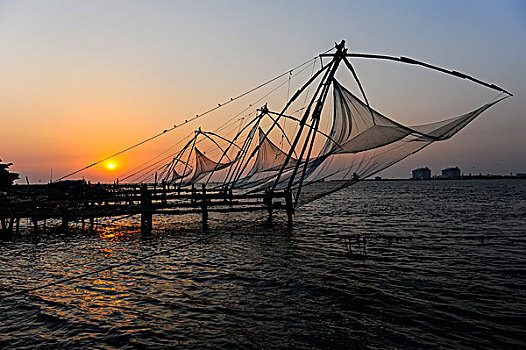 中国,渔网,日落,高知,喀拉拉,印度南部,印度,亚洲