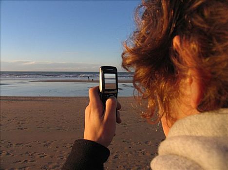 青少年,拍照手机,海滩