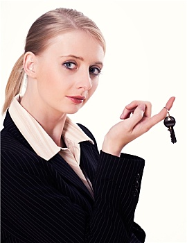 职业女性,拿着,钥匙,新,隔绝,白色背景,背景