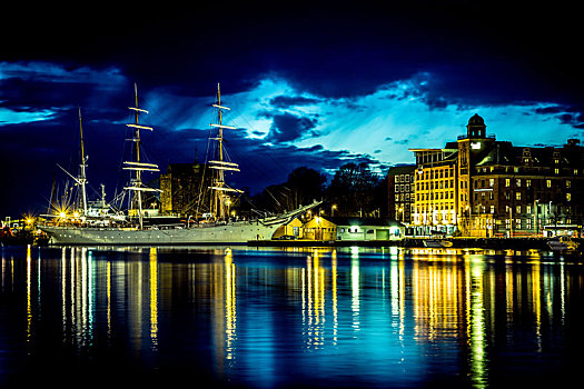 帆船,港口,城堡,夜晚