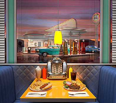 汉堡包,桌子,复古,美洲,用餐,看,旧式,加油站,背景