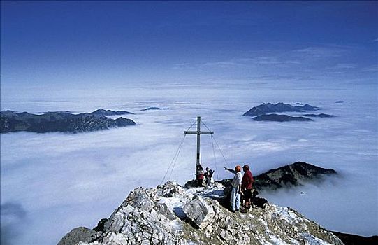 山峰,攀登,旅行者,云,山谷,巴伐利亚,德国,欧洲