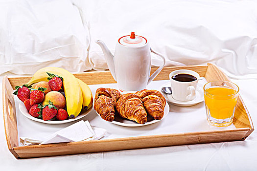 早餐,托盘,咖啡,牛角面包,水果