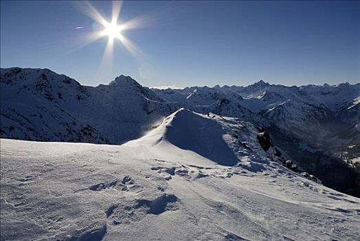 阿尔卑斯山,冬天,逆光,山谷,奥地利,欧洲