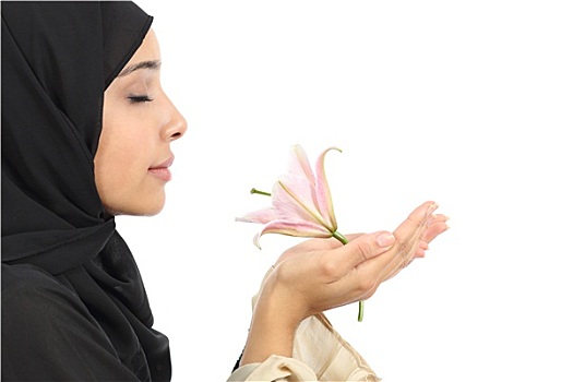 侧面视角,阿拉伯,女人,穿,头巾,嗅,花