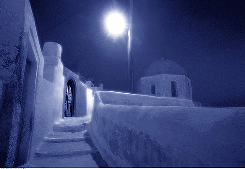 别墅,夜晚,锡拉岛,基克拉迪群岛,希腊