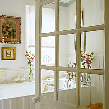打开,浴室,门,白色,浴缸,金色,框,墙壁