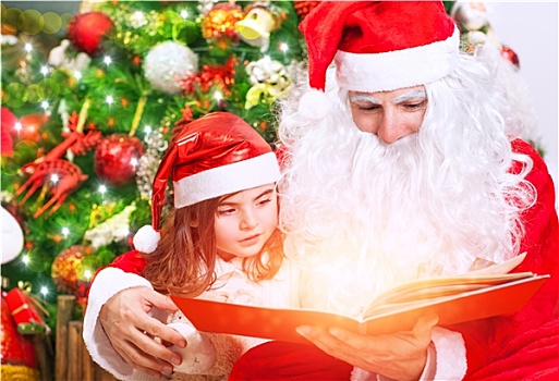 小女孩,圣诞老人,读,书本
