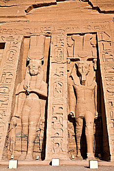 雕塑,皇后,法老,拉美西斯二世,建筑,小,哈索尔神庙,阿布辛贝尔神庙,埃及