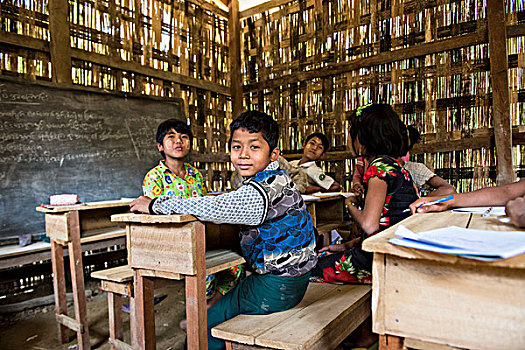 若开邦,缅甸,孩子,男孩,教室,遥远,下巴,乡村