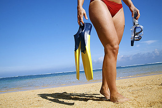 夏威夷,考艾岛,隧道,海滩,女人,戴着,黄色,蓝色,鳍状物,潜水,设备