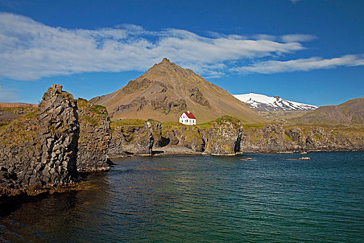 房子,玄武岩,海岸,山,冰河,斯奈山半岛,韦斯特兰德,冰岛,欧洲
