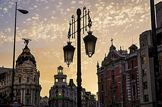 华丽,灯柱,古建筑,黄昏,马德里,西班牙