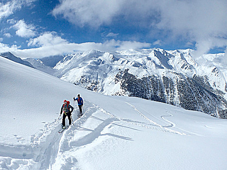 奥地利,山谷,两个男人,北欧滑雪,搬进,初雪,风景,阿尔卑斯山
